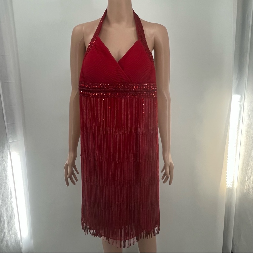 Scala Red Silk Fringe Sequin Halter Dress XS – Gatsby Flapper Cocktail Chic